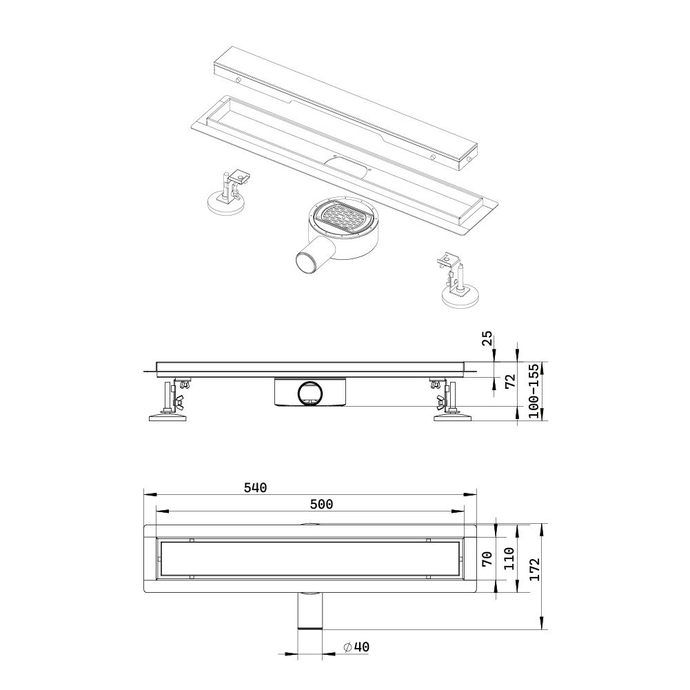 Поден сливник Premium Black Glossy (500 mm) Aquasan