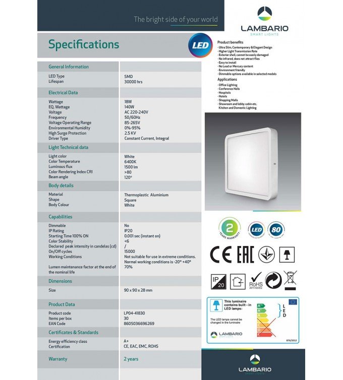 Лед панел ОГ 18W коцка Lambario