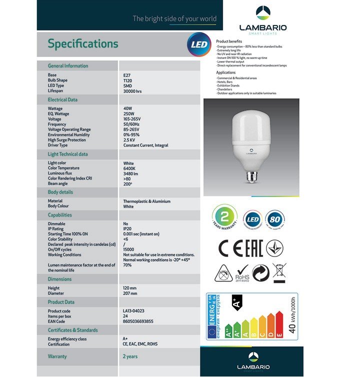 Лед сијалица 40W 6400k E27 Lambario