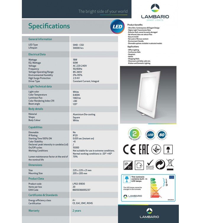 Лед панел УГР 18W коцка Lambario