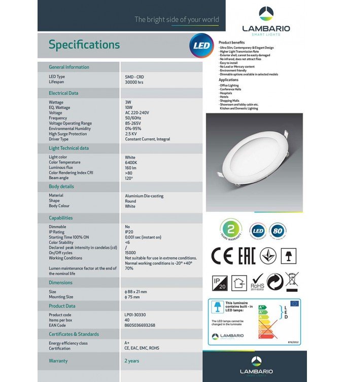 Лед панел УГР 3W круг Lambario